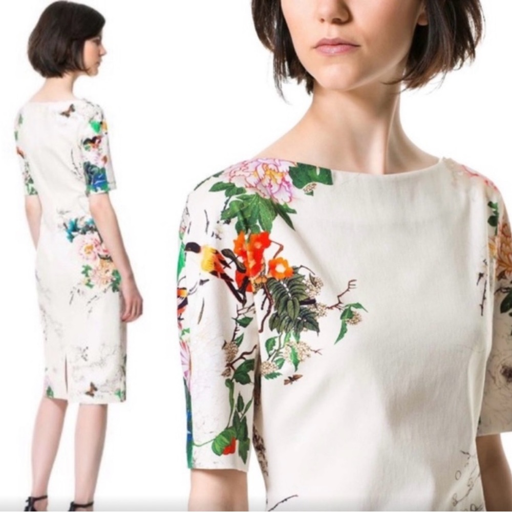 Zara women floral body con sheath midi dress